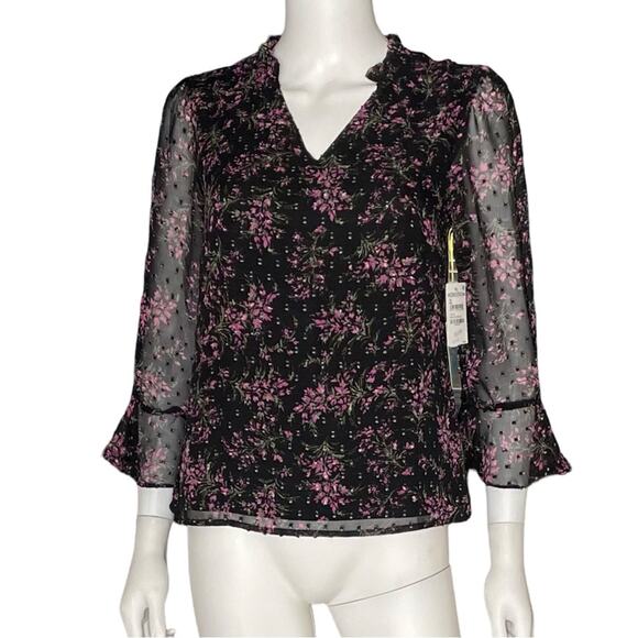 CeCe Floral Print Sheer Sleeve Blouse Black Women’s Sz XS - Picture 1 of 7